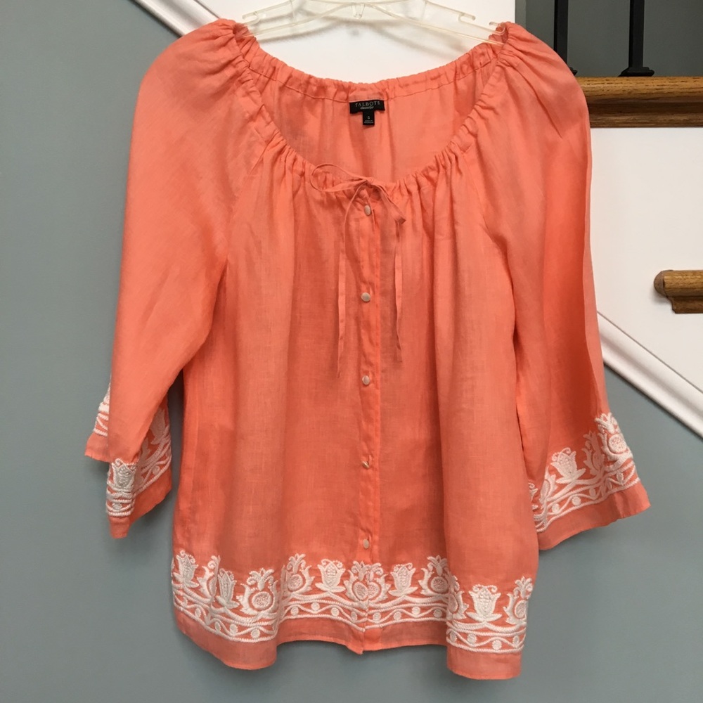 Talbot’s linen Boho embroidered bell sleeve blouse